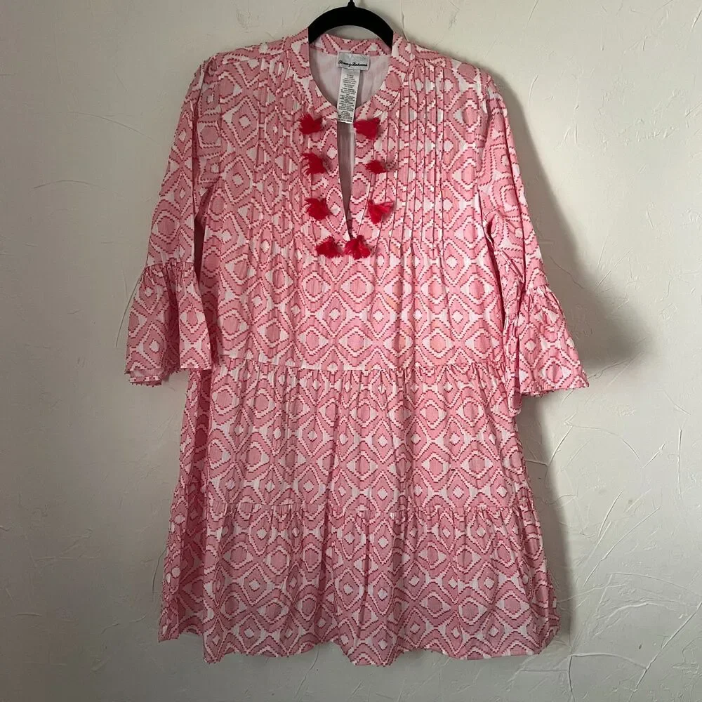 Tommy Bahama Pink Geometric Tassel Cover Up Dress Bell Sleeve Vacation Resort S - Picture 7 of 11